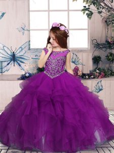 Purple Tulle Zipper Scoop Sleeveless Floor Length Little Girls Pageant Dress Beading