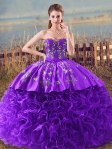 Beautiful Purple Lace Up Sweetheart Embroidery and Ruffles Ball Gown Prom Dress Fabric With Rolling Flowers Sleeveless Brush Train