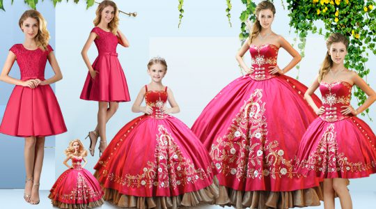 Hot Pink Ball Gowns Sweetheart Sleeveless Satin Floor Length Lace Up Embroidery Quinceanera Gowns