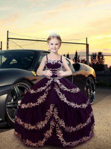 Exquisite Straps Sleeveless Little Girls Pageant Gowns Floor Length Embroidery Dark Purple Satin
