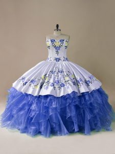 Blue And White Sleeveless Satin and Organza Brush Train Lace Up Vestidos de Quinceanera for Sweet 16 and Quinceanera