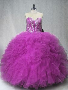 Fuchsia Quinceanera Gowns Sweet 16 and Quinceanera with Beading and Ruffles Scoop Sleeveless Lace Up