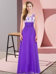 Exceptional Scoop Sleeveless Quinceanera Dama Dress Floor Length Appliques Purple Chiffon