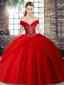 Fabulous Sleeveless Beading and Pick Ups Lace Up Sweet 16 Quinceanera Dress with Red Brush Train