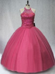 Superior Tulle Halter Top Sleeveless Lace Up Beading Quinceanera Dress in Red