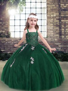Low Price Dark Green Ball Gowns Appliques Pageant Gowns For Girls Lace Up Tulle Sleeveless Floor Length