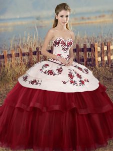 Tulle Sweetheart Sleeveless Lace Up Embroidery and Bowknot Quinceanera Gown in White And Red