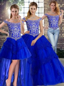 Customized Royal Blue Quince Ball Gowns Off The Shoulder Sleeveless Brush Train Lace Up