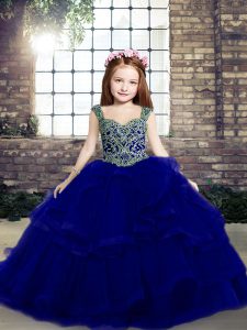 Royal Blue Organza Lace Up Straps Sleeveless Floor Length Little Girls Pageant Dress Beading and Ruffles