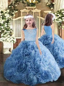 Custom Fit Bateau Sleeveless Zipper Little Girl Pageant Gowns Blue Fabric With Rolling Flowers
