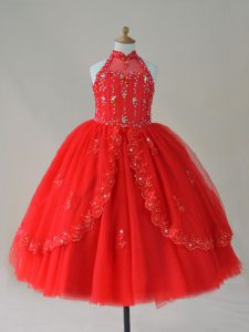 Tulle High-neck Sleeveless Lace Up Beading and Appliques Child Pageant Dress in Red