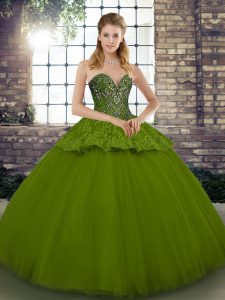 Modern Olive Green Sleeveless Floor Length Beading and Appliques Lace Up Quinceanera Gown