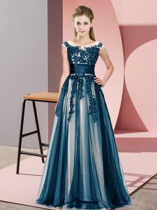 Custom Design Navy Blue Tulle Zipper Scoop Sleeveless Floor Length Dama Dress Beading and Lace