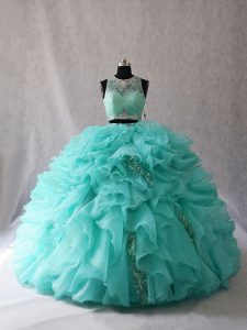 Sleeveless Beading and Ruffles Zipper 15 Quinceanera Dress with Aqua Blue Brush Train