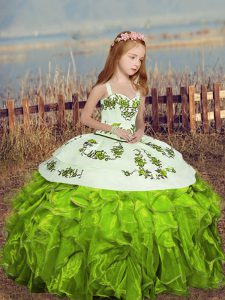 Embroidery and Ruffles Little Girl Pageant Dress Yellow Green Lace Up Sleeveless Floor Length