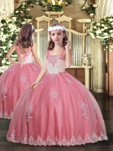 Low Price Watermelon Red Straps Neckline Appliques Little Girls Pageant Dress Wholesale Sleeveless Lace Up