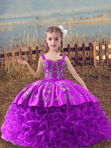 On Sale Lilac Sleeveless Fabric With Rolling Flowers Sweep Train Lace Up Little Girls Pageant Dress for Wedding Party