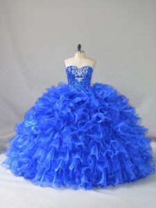 Fashion Sleeveless Floor Length Ruffles and Sequins Lace Up Quinceanera Dress with Royal Blue