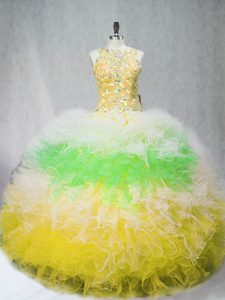 High End Multi-color Tulle Zipper Scoop Sleeveless Floor Length 15 Quinceanera Dress Beading and Ruffles