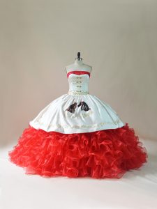 Organza Strapless Sleeveless Brush Train Lace Up Embroidery and Ruffles Sweet 16 Dresses in White And Red
