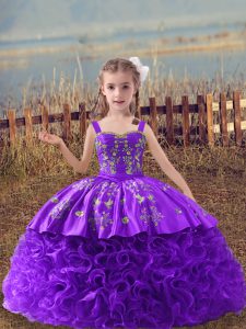 Customized Lavender Straps Lace Up Embroidery Kids Pageant Dress Sweep Train Sleeveless