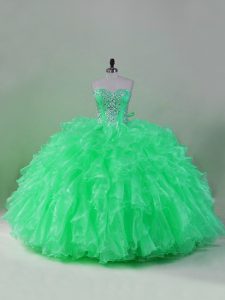 Hot Selling Green Organza Lace Up Sweetheart Sleeveless Floor Length Quince Ball Gowns Beading and Ruffles