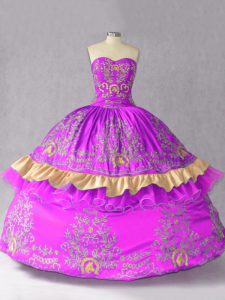 Purple Ball Gowns Satin and Organza Sweetheart Sleeveless Embroidery and Bowknot Floor Length Lace Up Quinceanera Gown