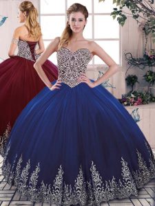 Free and Easy Royal Blue Tulle Lace Up Sweetheart Sleeveless Floor Length Quinceanera Dresses Beading and Embroidery