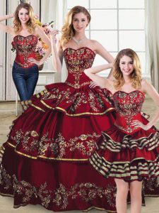 Fitting Wine Red Lace Up Sweetheart Embroidery and Ruffled Layers Quinceanera Dresses Organza Sleeveless