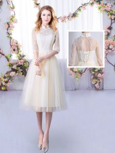 Attractive Tea Length Empire Half Sleeves Champagne Dama Dress for Quinceanera Lace Up