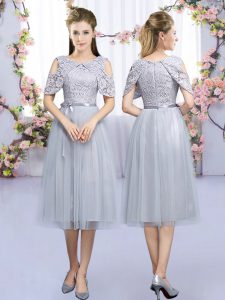 Tea Length Zipper Dama Dress for Quinceanera Grey for Wedding Party with Lace and Belt