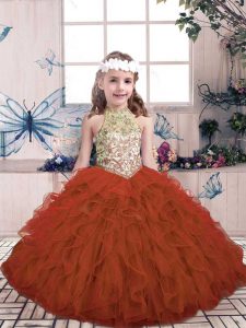 Sleeveless Floor Length Beading and Ruffles Lace Up Little Girl Pageant Dress with Rust Red