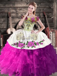 White And Purple Organza Lace Up Off The Shoulder Sleeveless Floor Length 15th Birthday Dress Embroidery and Ruffles