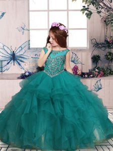 Turquoise Scoop Neckline Beading and Ruffles Little Girls Pageant Dress Wholesale Sleeveless Zipper