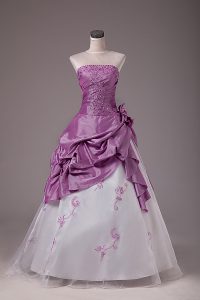 Modern Lilac A-line Embroidery and Pick Ups Quinceanera Dresses Lace Up Organza and Taffeta Sleeveless Floor Length