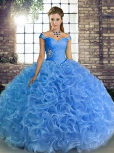 Off The Shoulder Sleeveless Fabric With Rolling Flowers Quinceanera Gown Beading Lace Up