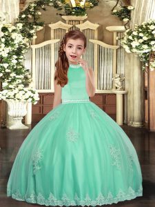 Floor Length Backless Kids Pageant Dress Apple Green for Party and Sweet 16 and Wedding Party with Appliques