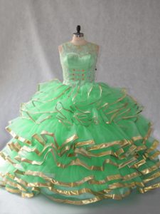 Floor Length Yellow Green Sweet 16 Dress Scoop Sleeveless Lace Up