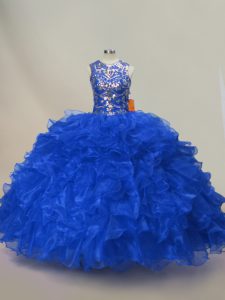 Floor Length Royal Blue 15 Quinceanera Dress Organza Sleeveless Ruffles and Sequins