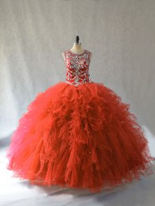 Clearance Orange Red Ball Gowns Beading and Ruffles 15 Quinceanera Dress Lace Up Tulle Sleeveless Floor Length