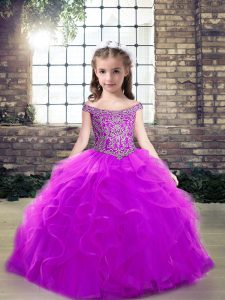 Tulle Sleeveless Floor Length Pageant Gowns For Girls and Beading and Ruffles