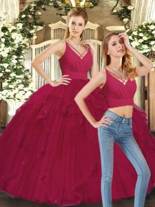 Tulle V-neck Sleeveless Lace Up Ruffles Sweet 16 Quinceanera Dress in Red