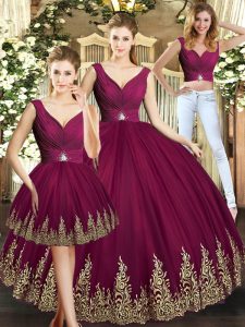 Burgundy Tulle Backless V-neck Sleeveless Floor Length 15 Quinceanera Dress Beading and Appliques