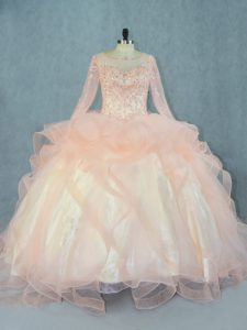 Flirting Peach Sweet 16 Dresses Sweet 16 and Quinceanera with Beading and Ruffles Scoop Long Sleeves Lace Up