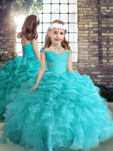 Super Floor Length Aqua Blue Little Girls Pageant Dress Straps Sleeveless Side Zipper