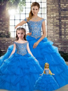 Blue Sleeveless Brush Train Beading and Pick Ups Quince Ball Gowns