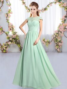 Apple Green Chiffon Clasp Handle Scoop Cap Sleeves Floor Length Dama Dress for Quinceanera Lace