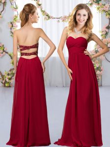 Super Wine Red Empire Sweetheart Sleeveless Chiffon Floor Length Criss Cross Beading Quinceanera Court of Honor Dress