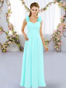 Dramatic Aqua Blue Empire Hand Made Flower Damas Dress Lace Up Chiffon Sleeveless Floor Length
