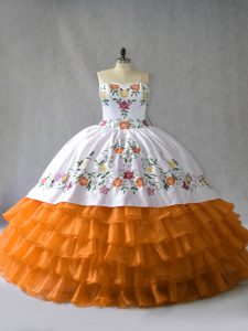 Orange Ball Gowns Organza Sweetheart Sleeveless Embroidery and Ruffled Layers Floor Length Lace Up Vestidos de Quinceanera